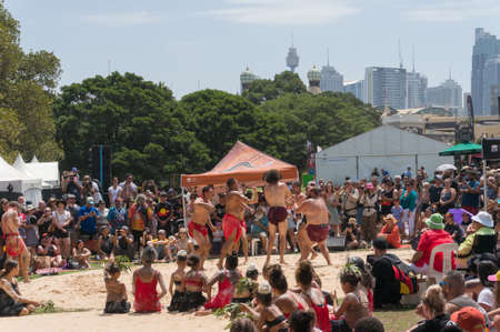 Sydney, Australia - January 26, 2020: Aboriginal people performing traditional Aboriginal corroboree dance at Yabun festival in Refernのeditorial素材