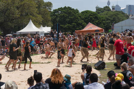 Sydney, Australia - January 26, 2020: Aboriginal people performing traditional Aboriginal corroboree dance at Yabun festival in Refernのeditorial素材