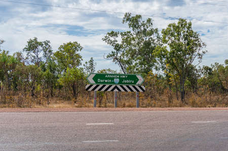 Northern Territory, Australia - June 3, 2019: Road sign with directions to Jabiru and Darwin at Arnhem highway, Northern Territoryのeditorial素材