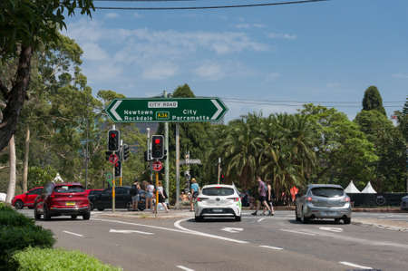 Sydney, Australia - January 26, 2020: Road sign on City road with directions to traffic at Redfern...