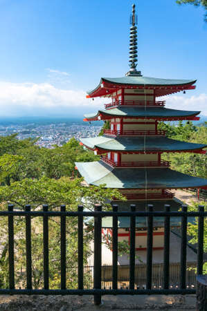 Yamanashi, Japan - September 02, 2016: Beautiful landscape with Shureito pagoda and Mount Fuji in summer. Mount Asama park in Yamanashi prefecture, Japanのeditorial素材
