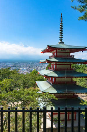 Yamanashi, Japan - September 02, 2016: Beautiful landscape with Shureito pagoda and Mount Fuji in summer. Mount Asama park in Yamanashi prefecture, Japanのeditorial素材