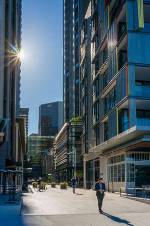 Sydney, Australia - November 24, 2016: People at Barangaroo precinct walking early in the morning. Barangaroo urban lifestyleのeditorial素材