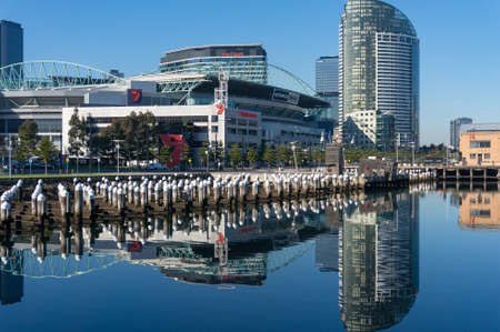 Melbourne, Australia - June 14, 2017: Network Seven television station offices in Docklands suburb of Melbourne. 7 Channel and Ethihad stadium buildingsのeditorial素材