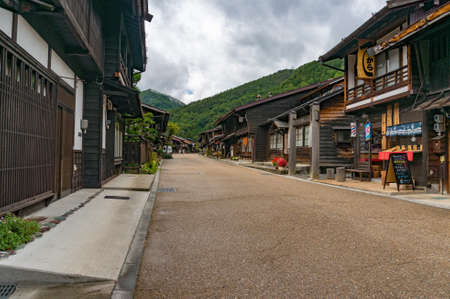 Nara , Japan - September 6, 2016: Narai town street with wooden houses and shopsのeditorial素材