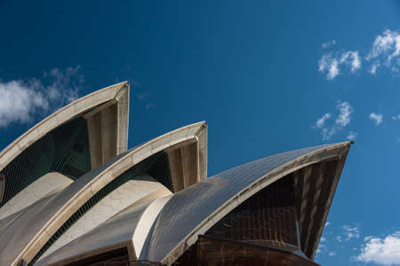 Sydney, Australia - August 22, 2015: Close up of iconic roof of Sydney Opera House against blue sky on the backgroundのeditorial素材