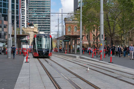 Sydney, Australia - September 20, 2019: Light rail tramway on George street near Town Hall station...