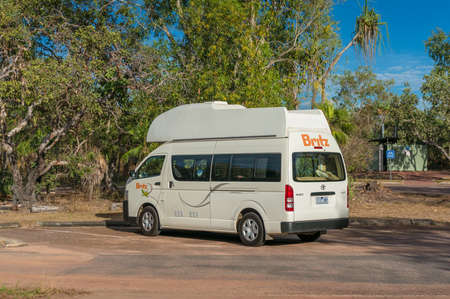 Northern Territory, Australia - June 3, 2019: White Britz motorhome, campervan vehicle parked at parking lot at Mamukala Wetlands in Kakadu National Park, Northern Territory in Australiaのeditorial素材