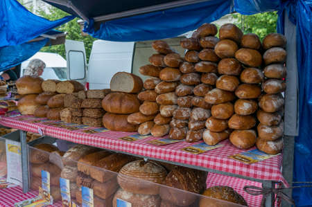 Prague, Czech Republic - May 25, 2018: Farmers market bakery stall at Jiriho z Podebrad suburb of...