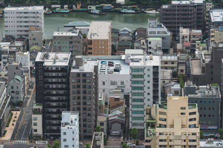 Tokyo, Japan - August 30, 2016: Aerial view of Tokyo residential suburb with residential and commercial buildingsのeditorial素材
