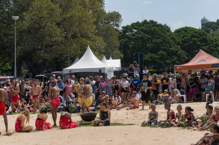 Sydney, Australia - January 26, 2020: Aboriginal people performing traditional Aboriginal corroboree dance at Yabun festival in Refernのeditorial素材