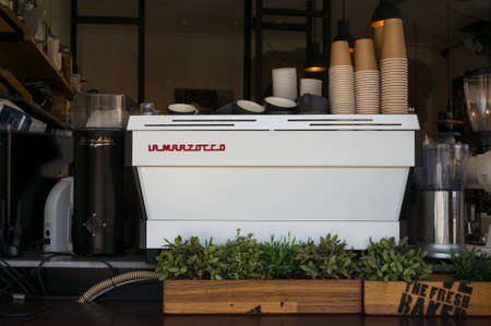 Sydney, Australia - January 26, 2020: Industrial grade coffee machine in an urban coffee shopのeditorial素材