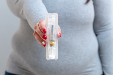 Obese young woman holds an anticoagulant syringe to apply after bariatric surgery.の写真素材