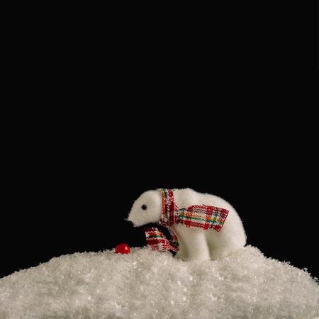 A polar bear with a holiday scarf and a red ball in the snow. Black background, Christmas or New Year minimal conceptの写真素材