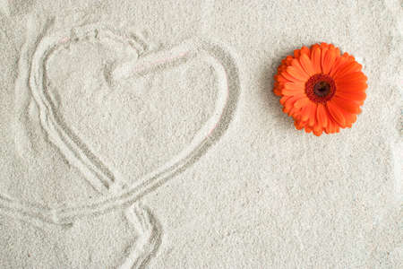 A creative composition of red flowers and a drawn heart on the sand. Valentines or woman's day...