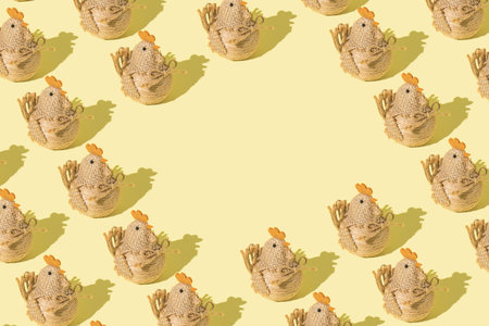 2021 Easter creative pattern background. Easter chicken made of rope on a yellow background. Holiday...
