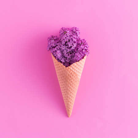 Natural ice cream cone with purple spring flowers on pastel pink background. Minimal summer flat lay composition.の写真素材
