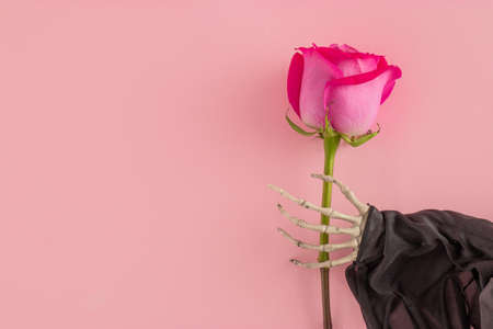 Skeleton hand with pink flower against pink background. Minimal Halloween romantic love concept. Flat lay. Copy Space.の写真素材