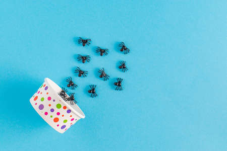 Composition with spiders and ice cream box on a light blue background. Halloween creative concept. Flat lay.の写真素材