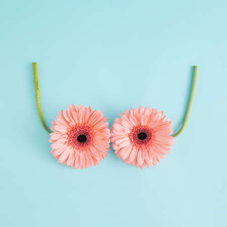 Creative concept with pink fresh flowers against light blue background. Minimal nature or fashion concept.の写真素材