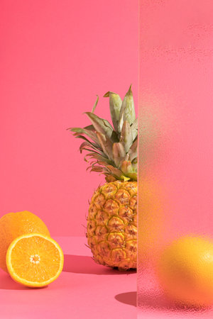 Creative composition with oranges and pineapple and frosted glass, against a pink background. Summer...