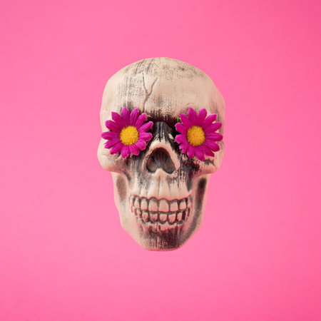 Skull with pink flowers. Halloween background. Santa Muerte concept.の写真素材