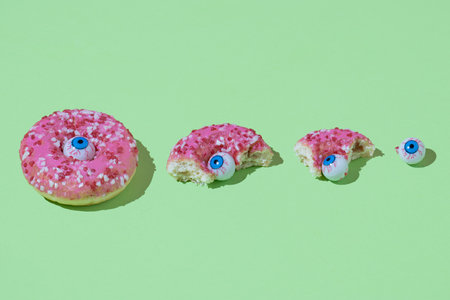 Human eye with Donut composition against a light green background. Halloween party and food concept.