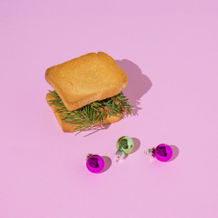 Christmas party creative layout with fir branches between toast bread slices and Christmas balls on pastel pink background. 80s, 90s retro aesthetic style romantic concept. Minimal Holiday food idea.の写真素材