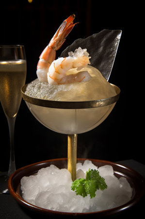 Shrimp cocktail on ice with two glasses of champagne on black backgroundの素材