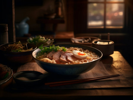 Japanese ramen noodle soup with pork and egg on wooden tableの素材