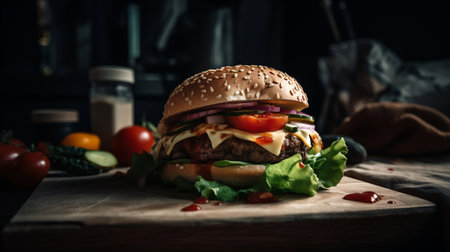 Delicious hamburger with fresh vegetables on wooden board over dark backgroundの素材