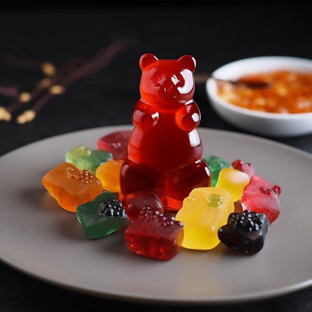 Jelly bear and marmalade in a plate on a black backgroundの素材