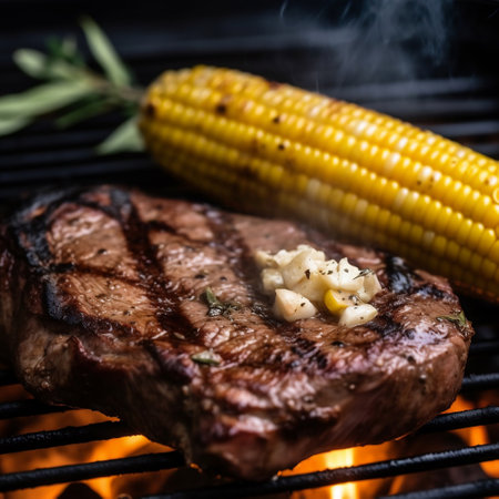 Grilled beef steak with corn and herbs on a barbecue grill.の素材