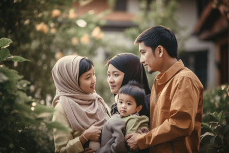 muslim family with kid in the garden. Happy family concept.の素材