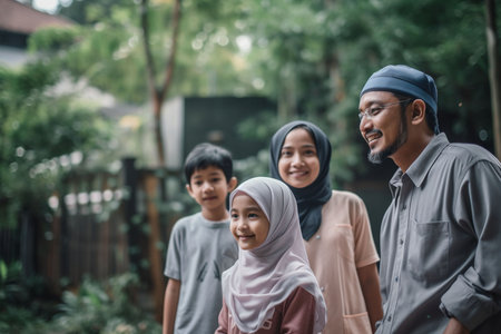 muslim family in the garden with son and daughter looking at cameraの素材