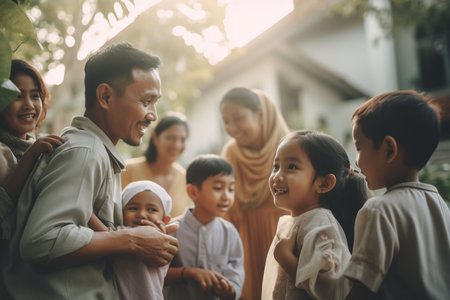 Happy asian family with grandparents and grandchildren having fun together at homeの素材