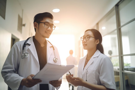 two asian male and female doctors standing in the hallway of the hospitalの素材