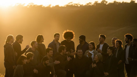 A large group of people stand together outdoors, their figures silhouetted by the warm glow of a setting sun.の素材