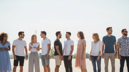 A diverse group of friends, men and women of various ethnicities, stand in a line outdoors, facing each other and smiling, enjoying a sunny day.の素材