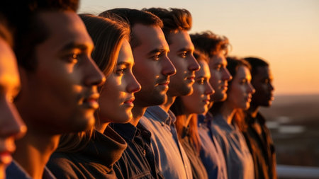 A diverse group of people stand in profile, their faces illuminated by the warm glow of a sunset, symbolizing unity and community.の素材