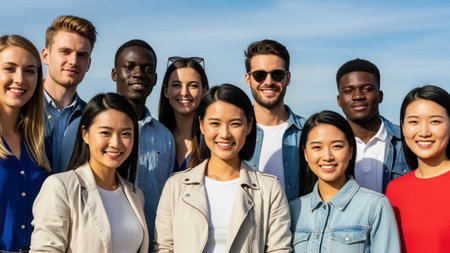 A cheerful group of young adults, representing diverse ethnicities, stand together outdoors under a clear sky, smiling warmly at the camera.の素材
