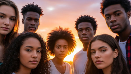 A group of six young adults, diverse in ethnicity, stand together outdoors with the sun setting behind them.の素材