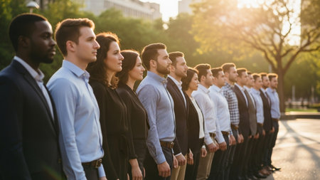 A diverse group of men and women in business attire stand in a line outdoors, bathed in the warm light of the setting sun.の素材