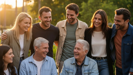A diverse group of adults and seniors smiling and laughing together in a warm, natural outdoor setting, showcasing family connection and joy.の素材