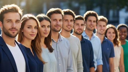 A diverse group of young men and women stand in a line outdoors, smiling and looking towards the camera.の素材