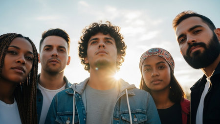 A diverse group of five young adults, men and women, stand closely together outdoors, looking upwards with hopeful expressions.の素材