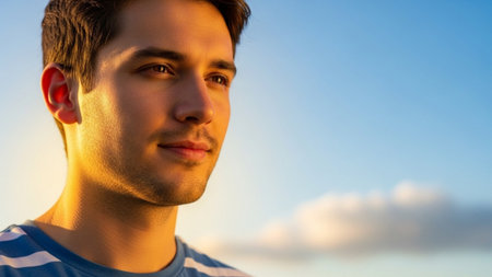 Close-up portrait of a young man bathed in the warm golden light of a sunset, with a soft focus sky in the background.の素材