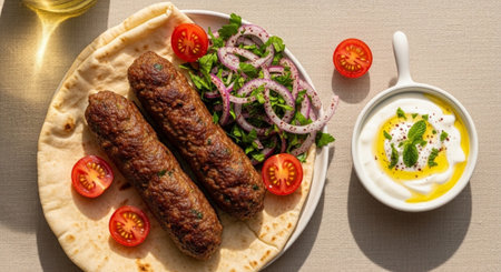A top-down view of two grilled lamb kofta kebabs on a warm flatbread, garnished with cherry tomatoes and a fresh herb salad, served with a creamy yogurt dip.の素材