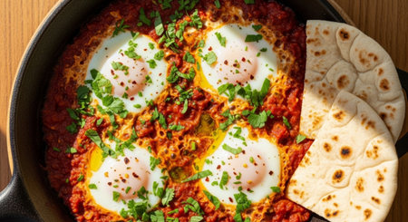 A close-up overhead view of a flavorful shakshuka dish with eggs poached in a rich tomato sauce, garnished with fresh herbs and served with flatbread.の素材