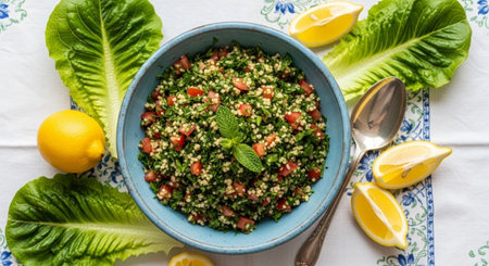 A vibrant bowl of tabbouleh salad, a Middle Eastern dish made with parsley, bulgur, tomatoes, and mint, garnished with fresh mint and surrounded by lettuce leaves and lemon wedges.の素材